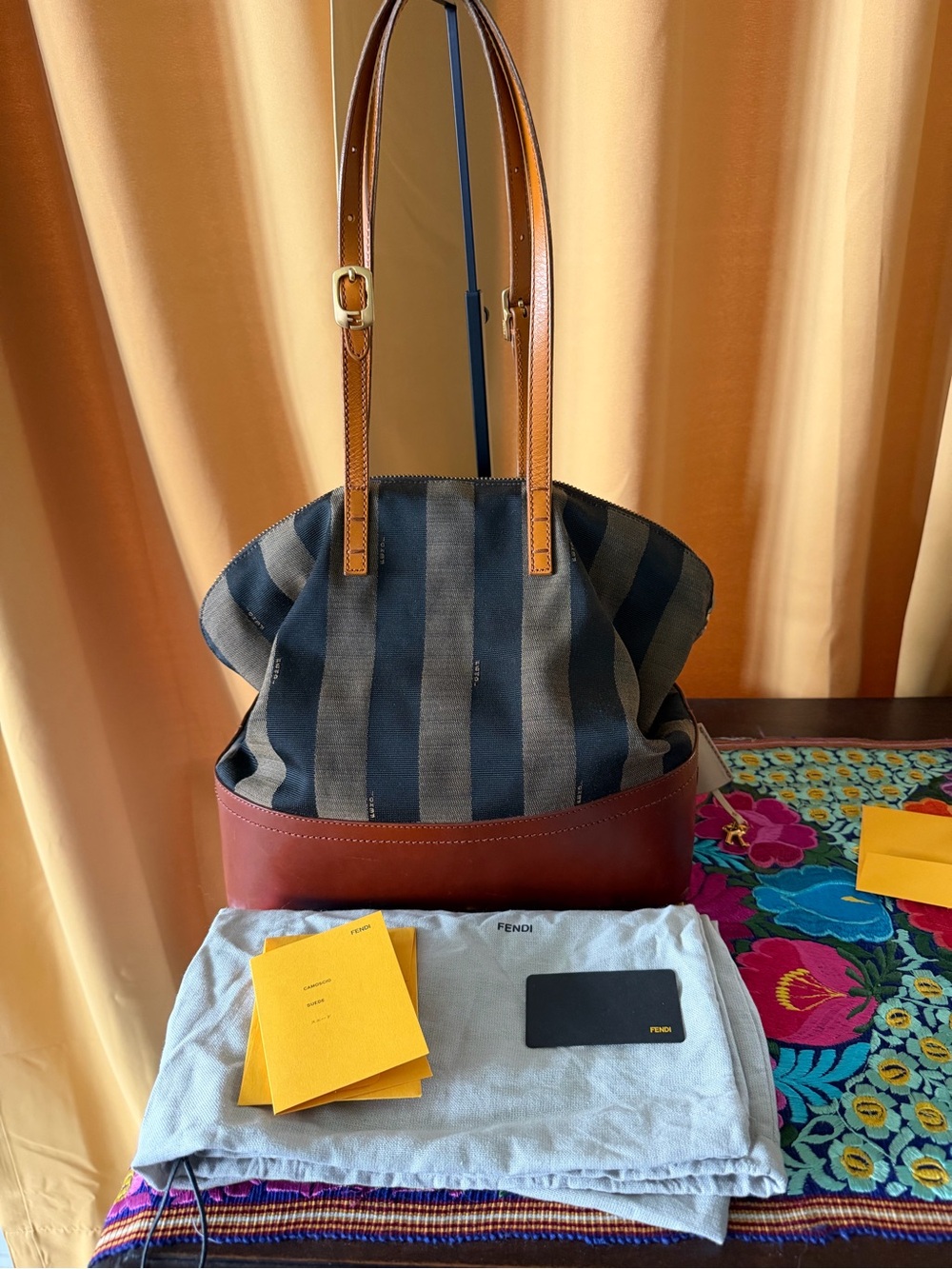 Fendi Pequin Canvas Tote with Brown Leather Base